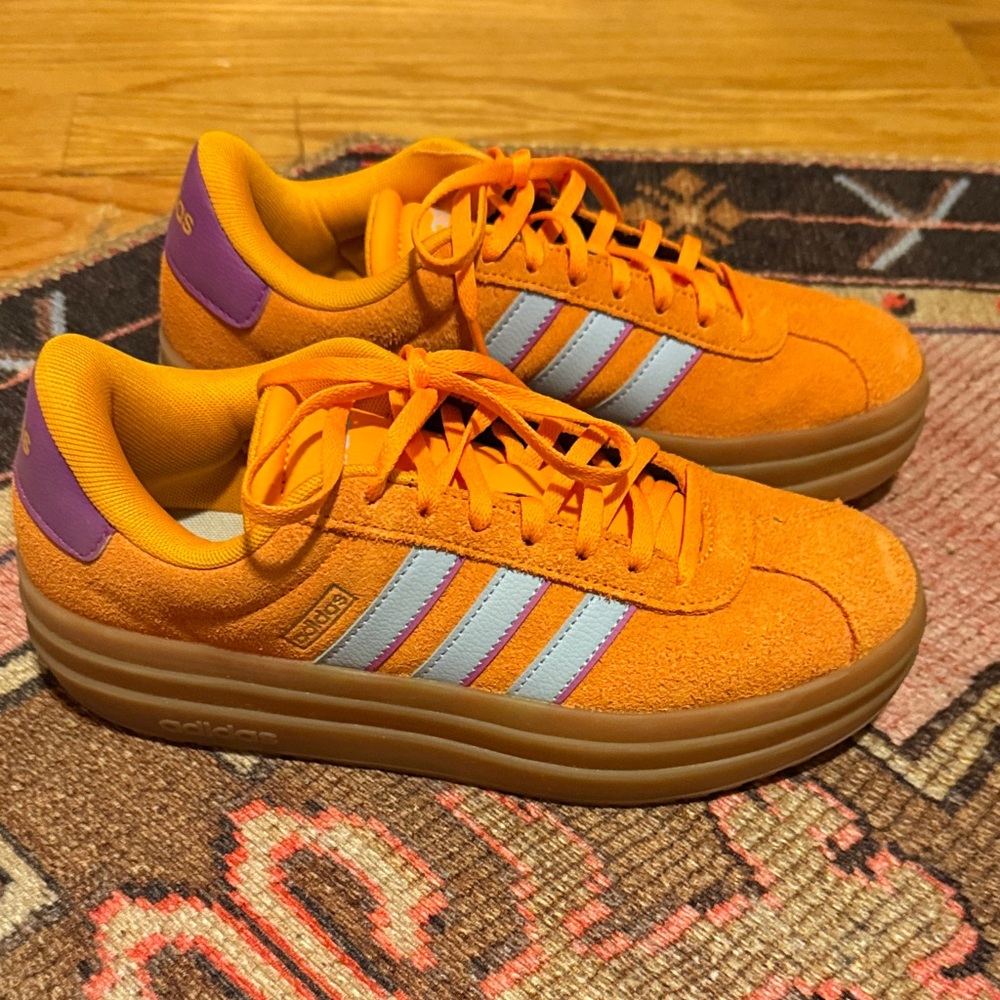 Adidas Bright Orange Sneakers with Purple and White Stripes